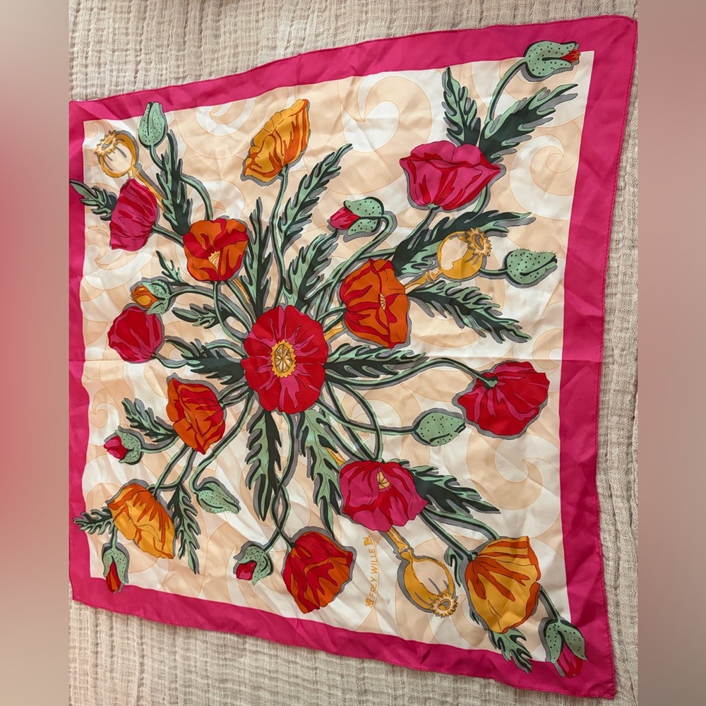 Floral Poppy Silk Square Scarf in Pink, Red & Orange